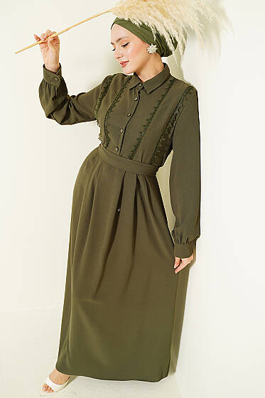 Yarım Düğmeli Dantel Detaylı Elbise Haki - Elbise