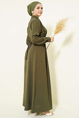 Yarım Düğmeli Dantel Detaylı Elbise Haki - Elbise