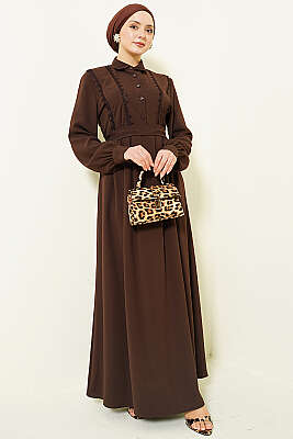 Yarım Düğmeli Dantel Detaylı Elbise Kahve 