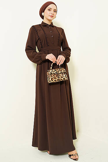 Yarım Düğmeli Dantel Detaylı Elbise Kahve - Elbise