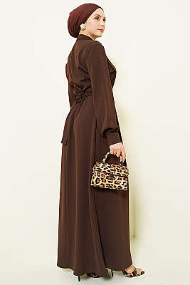 Yarım Düğmeli Dantel Detaylı Elbise Kahve - Elbise