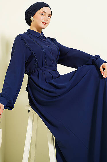 Yarım Düğmeli Dantel Detaylı Elbise Lacivert - Elbise