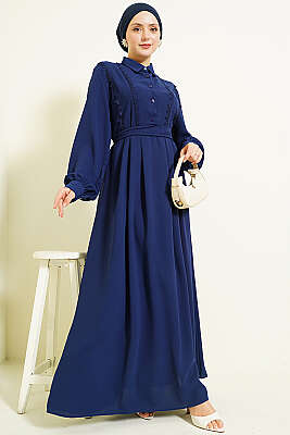 Yarım Düğmeli Dantel Detaylı Elbise Lacivert - Elbise