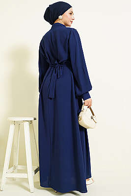 Yarım Düğmeli Dantel Detaylı Elbise Lacivert - Elbise