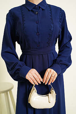 Yarım Düğmeli Dantel Detaylı Elbise Lacivert - Elbise