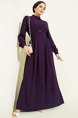 Yarım Düğmeli Dantel Detaylı Elbise Mor - ASMİN