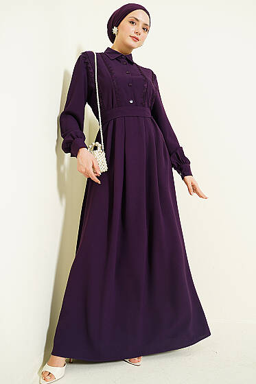 Yarım Düğmeli Dantel Detaylı Elbise Mor - Elbise