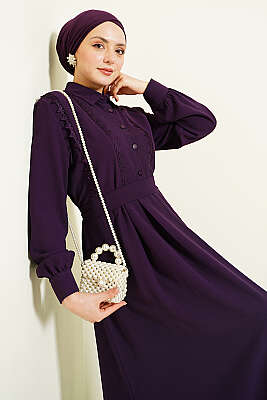 Yarım Düğmeli Dantel Detaylı Elbise Mor - Elbise