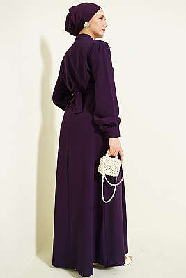 Yarım Düğmeli Dantel Detaylı Elbise Mor - Elbise