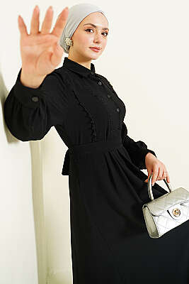 Yarım Düğmeli Dantel Detaylı Elbise Siyah - ASMİN