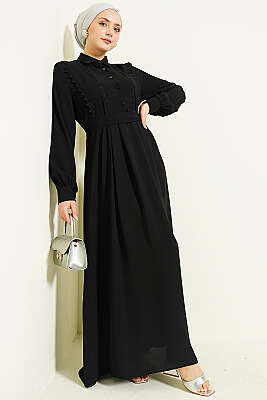 Yarım Düğmeli Dantel Detaylı Elbise Siyah - Elbise