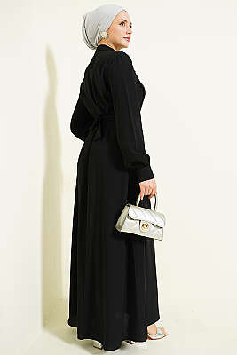 Yarım Düğmeli Dantel Detaylı Elbise Siyah - Elbise