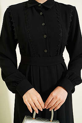 Yarım Düğmeli Dantel Detaylı Elbise Siyah - Elbise