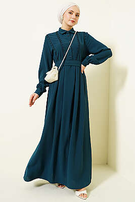 Yarım Düğmeli Dantel Detaylı Elbise Zümrüt - ASMİN