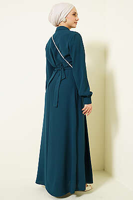 Yarım Düğmeli Dantel Detaylı Elbise Zümrüt - Elbise