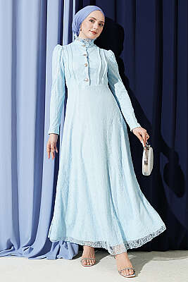 Yarım Düğmeli Dantelli Abiye Elbise Bebe Mavi 