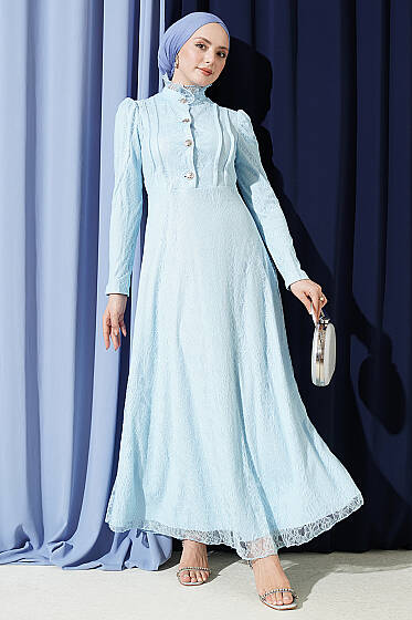 Yarım Düğmeli Dantelli Abiye Elbise Bebe Mavi - Elbise
