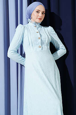 Yarım Düğmeli Dantelli Abiye Elbise Bebe Mavi - Elbise