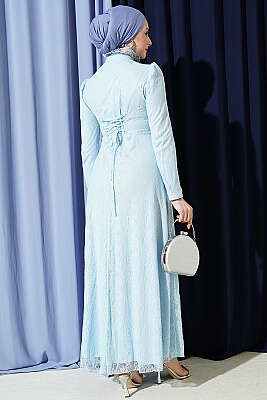 Yarım Düğmeli Dantelli Abiye Elbise Bebe Mavi - Elbise