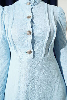 Yarım Düğmeli Dantelli Abiye Elbise Bebe Mavi - Elbise