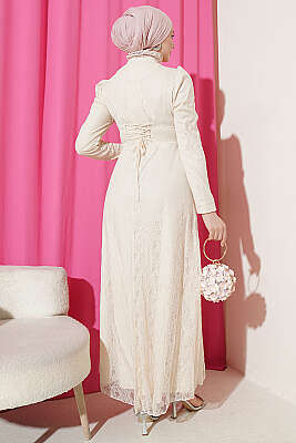 Yarım Düğmeli Dantelli Abiye Elbise Bej - Elbise