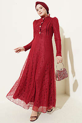 Yarım Düğmeli Dantelli Abiye Elbise Bordo - BERAT TEKSTİL