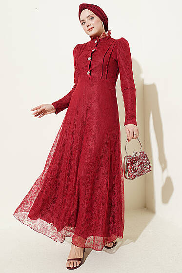 Yarım Düğmeli Dantelli Abiye Elbise Bordo - Elbise