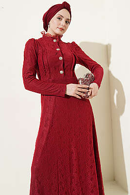 Yarım Düğmeli Dantelli Abiye Elbise Bordo - Elbise
