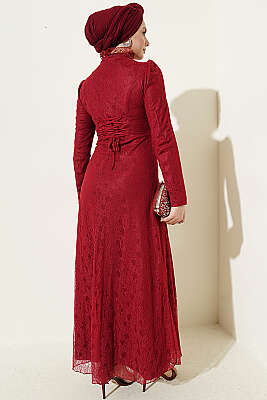 Yarım Düğmeli Dantelli Abiye Elbise Bordo - Elbise