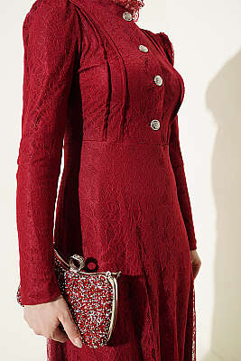 Yarım Düğmeli Dantelli Abiye Elbise Bordo - Elbise