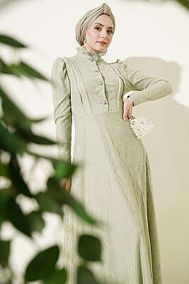 Yarım Düğmeli Dantelli Abiye Elbise Çağla Yeşili - BERAT TEKSTİL