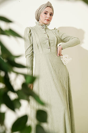 Yarım Düğmeli Dantelli Abiye Elbise Çağla Yeşili - Elbise