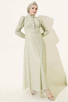 Yarım Düğmeli Dantelli Abiye Elbise Çağla Yeşili - Elbise