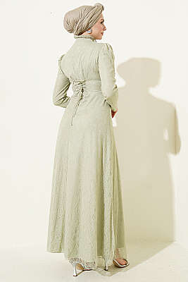 Yarım Düğmeli Dantelli Abiye Elbise Çağla Yeşili - Elbise