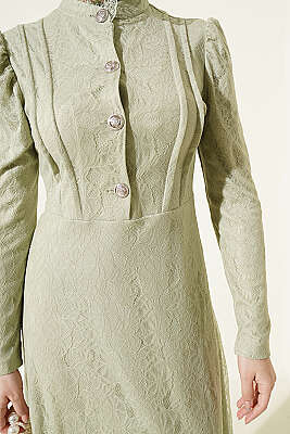 Yarım Düğmeli Dantelli Abiye Elbise Çağla Yeşili - Elbise
