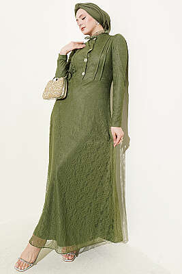 Yarım Düğmeli Dantelli Abiye Elbise Haki - BERAT TEKSTİL