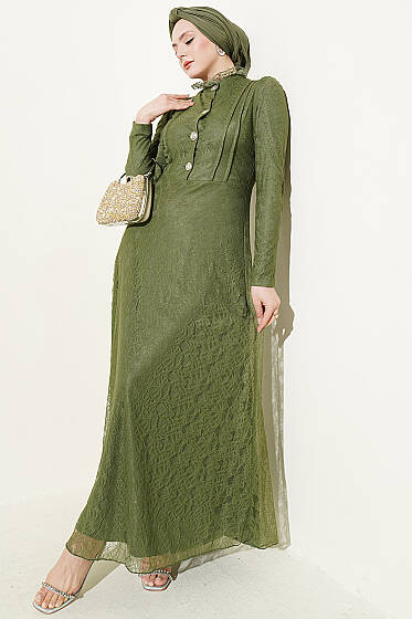 Yarım Düğmeli Dantelli Abiye Elbise Haki - Elbise