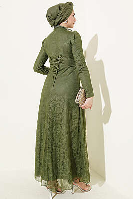 Yarım Düğmeli Dantelli Abiye Elbise Haki - Elbise