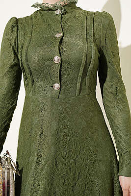 Yarım Düğmeli Dantelli Abiye Elbise Haki - Elbise