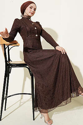 Yarım Düğmeli Dantelli Abiye Elbise Kahve - BERAT TEKSTİL