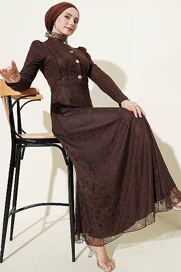 Yarım Düğmeli Dantelli Abiye Elbise Kahve - Elbise