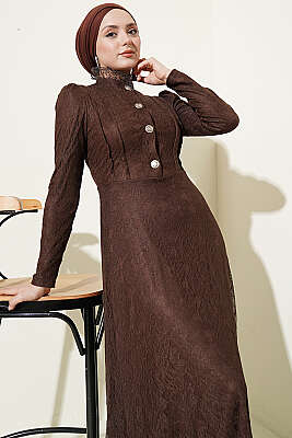 Yarım Düğmeli Dantelli Abiye Elbise Kahve - Elbise