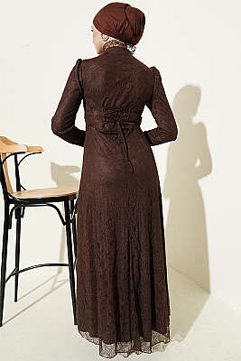 Yarım Düğmeli Dantelli Abiye Elbise Kahve - Elbise