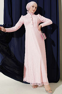 Yarım Düğmeli Dantelli Abiye Elbise Pudra - BERAT TEKSTİL