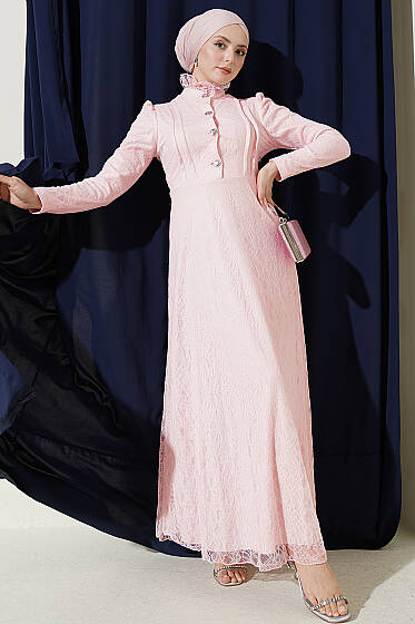 Yarım Düğmeli Dantelli Abiye Elbise Pudra - Elbise