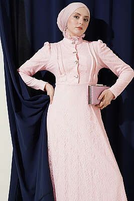 Yarım Düğmeli Dantelli Abiye Elbise Pudra - Elbise