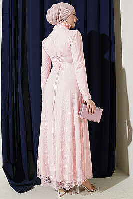 Yarım Düğmeli Dantelli Abiye Elbise Pudra - Elbise