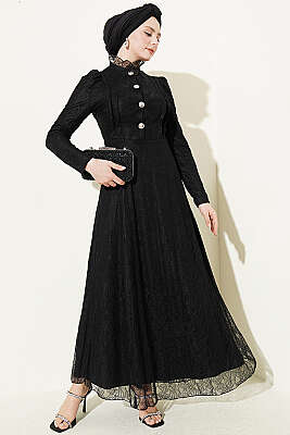 Yarım Düğmeli Dantelli Abiye Elbise Siyah - BERAT TEKSTİL