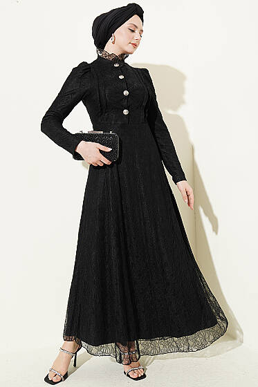 Yarım Düğmeli Dantelli Abiye Elbise Siyah - Elbise
