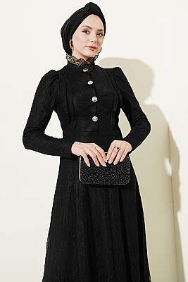 Yarım Düğmeli Dantelli Abiye Elbise Siyah - Elbise